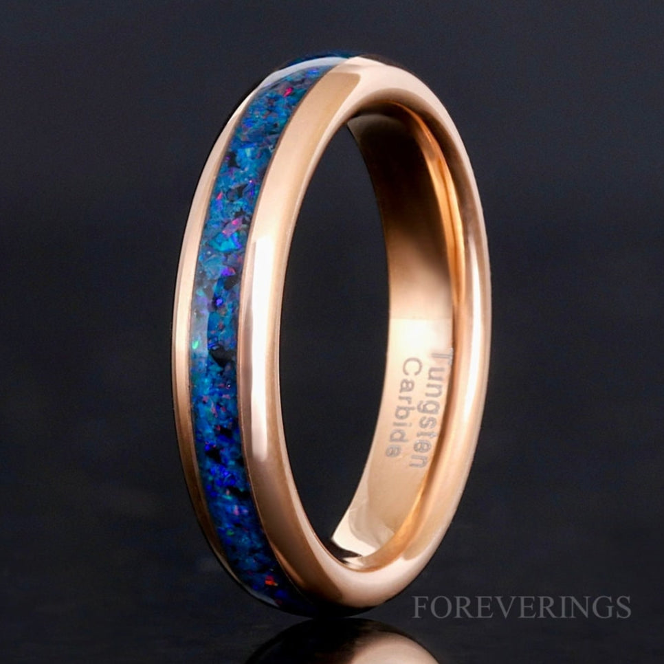 4mm Indigo Blue Fire Opal Band, Rose Gold Tungsten Wedding Band, Man Woman Ring, Polished, Dome, Unique Wedding Band, Promise Ring, Engrave