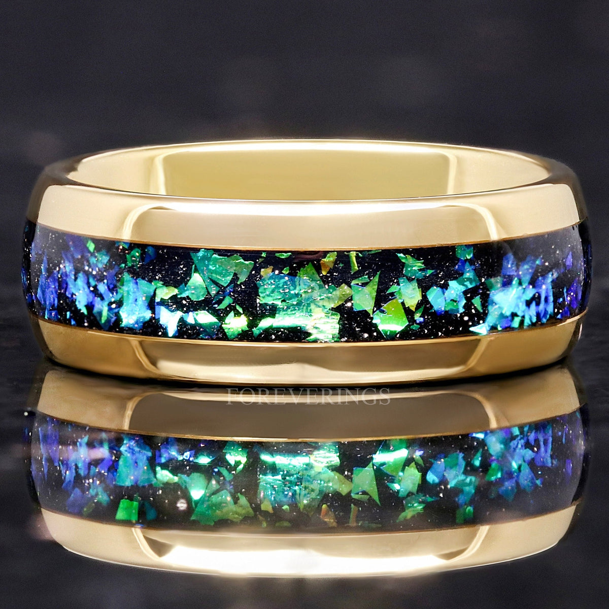Men's 8mm gold tungsten wedding band with green Rosette nebula inlay, polished dome