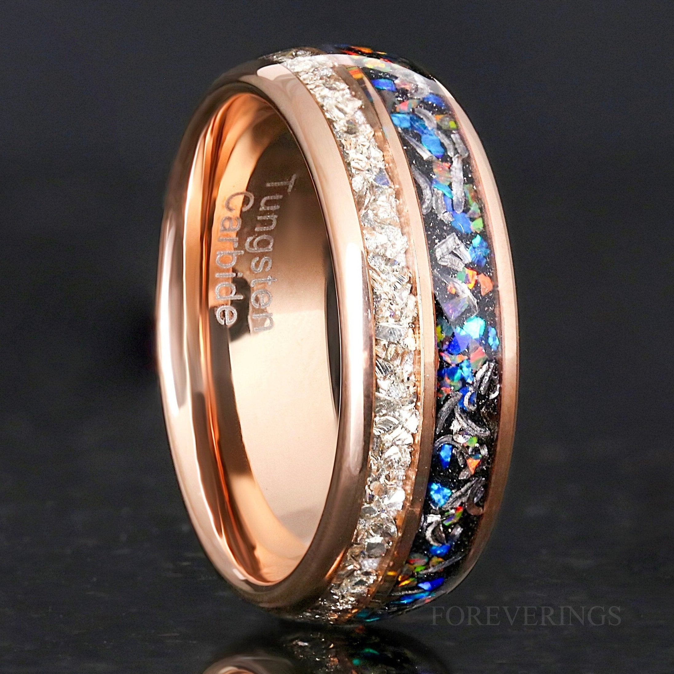 Unique Mens Galaxy Opal Band, Genuine Meteorite, Rose Gold Tungsten Ring, Dome, Polish, Silver Glass Stone, Ring Engraving, Man Wedding Band