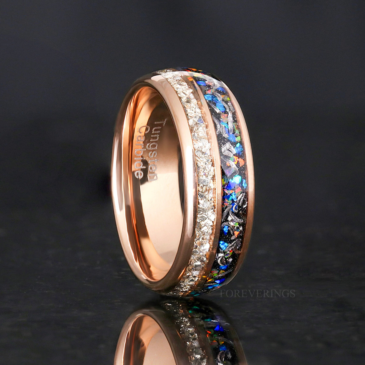 Men's 8mm rose gold tungsten band with galaxy opal and meteorite inlay, standing at an angle