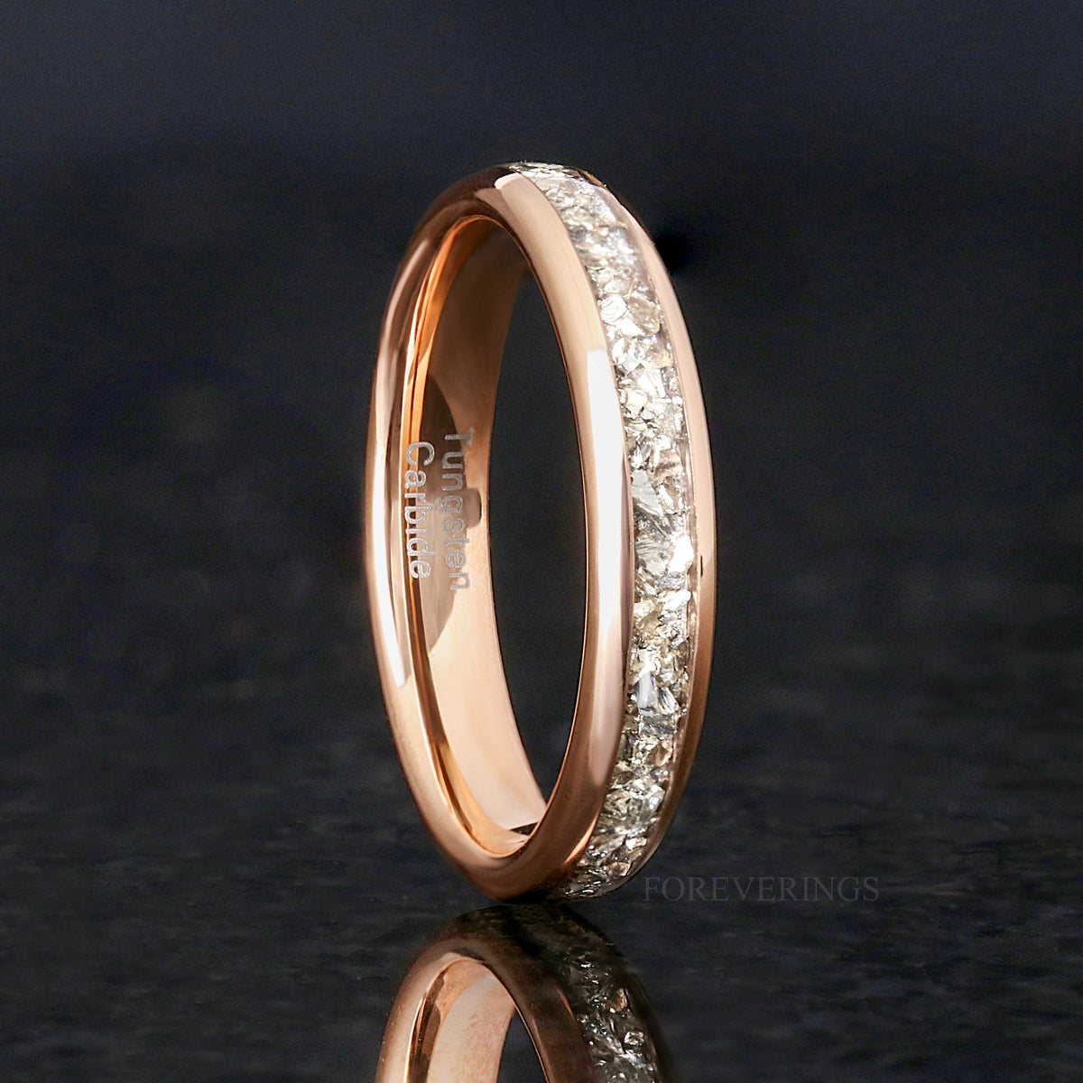 Women's 4mm rose gold tungsten ring with a crushed diamond inlay strip, standing upright
