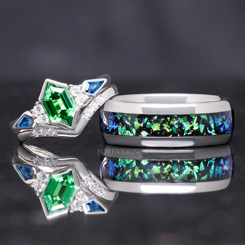 Matching silver couples ring set with Rosette nebula inlay band and green tsavorite bridal set, 8mm and 1.7mm