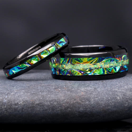 Matching black tungsten couples ring set with green opal and iridescent dichrolam inlay, 8mm and 4mm
