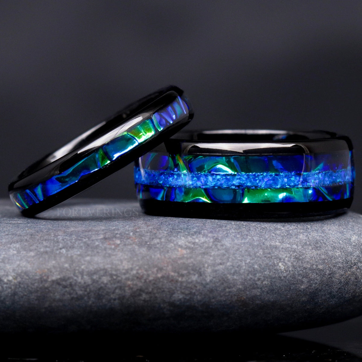 Matching black tungsten couples ring set with blue fire opal and dichrolam inlay, 8mm and 4mm