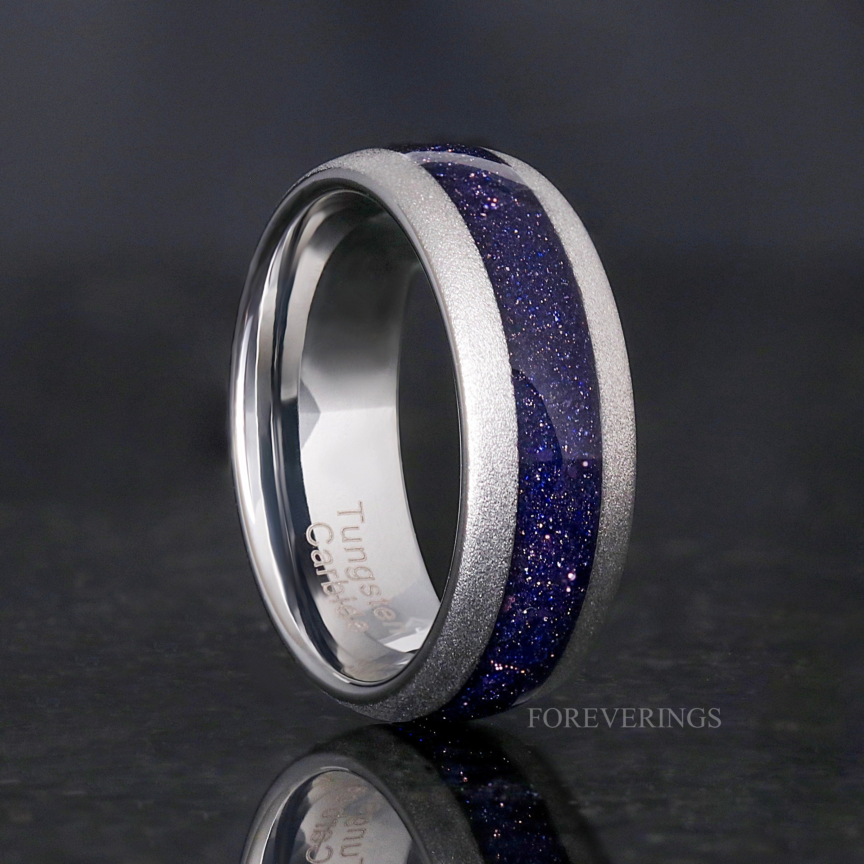 Lotus Starry Night Ring Set, His and Her Wedding Band Set, Tungsten Space Rings, 8mm & 4mm Polish Dome, Rift Sandstone, Matching Couple Ring