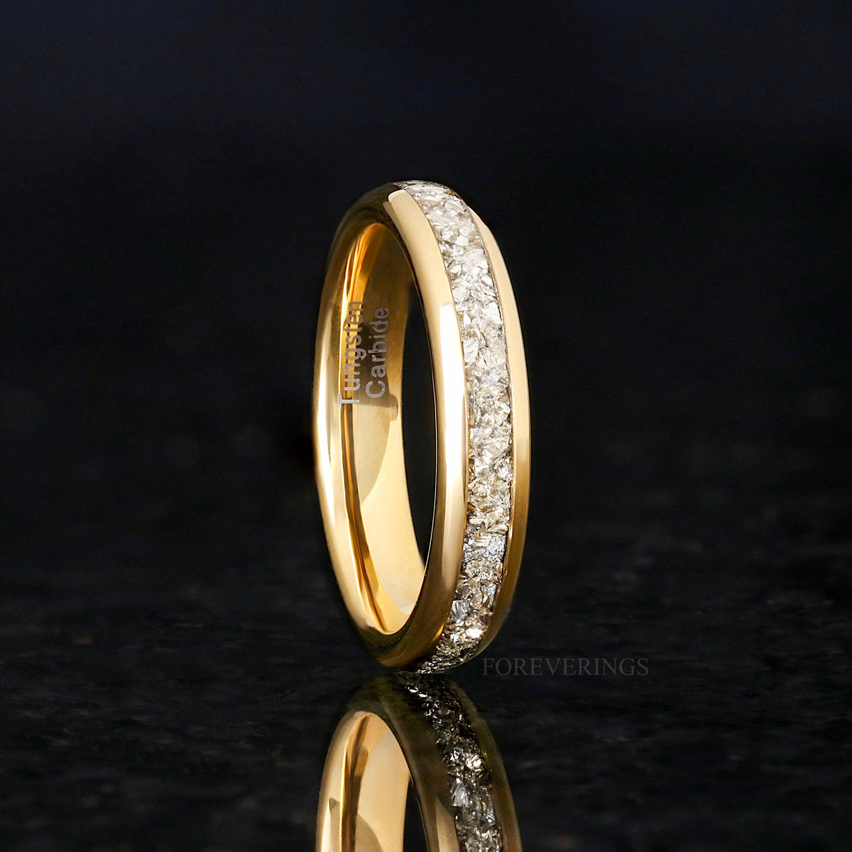 Women's 4mm gold tungsten band with a crushed diamond inlay strip, standing upright