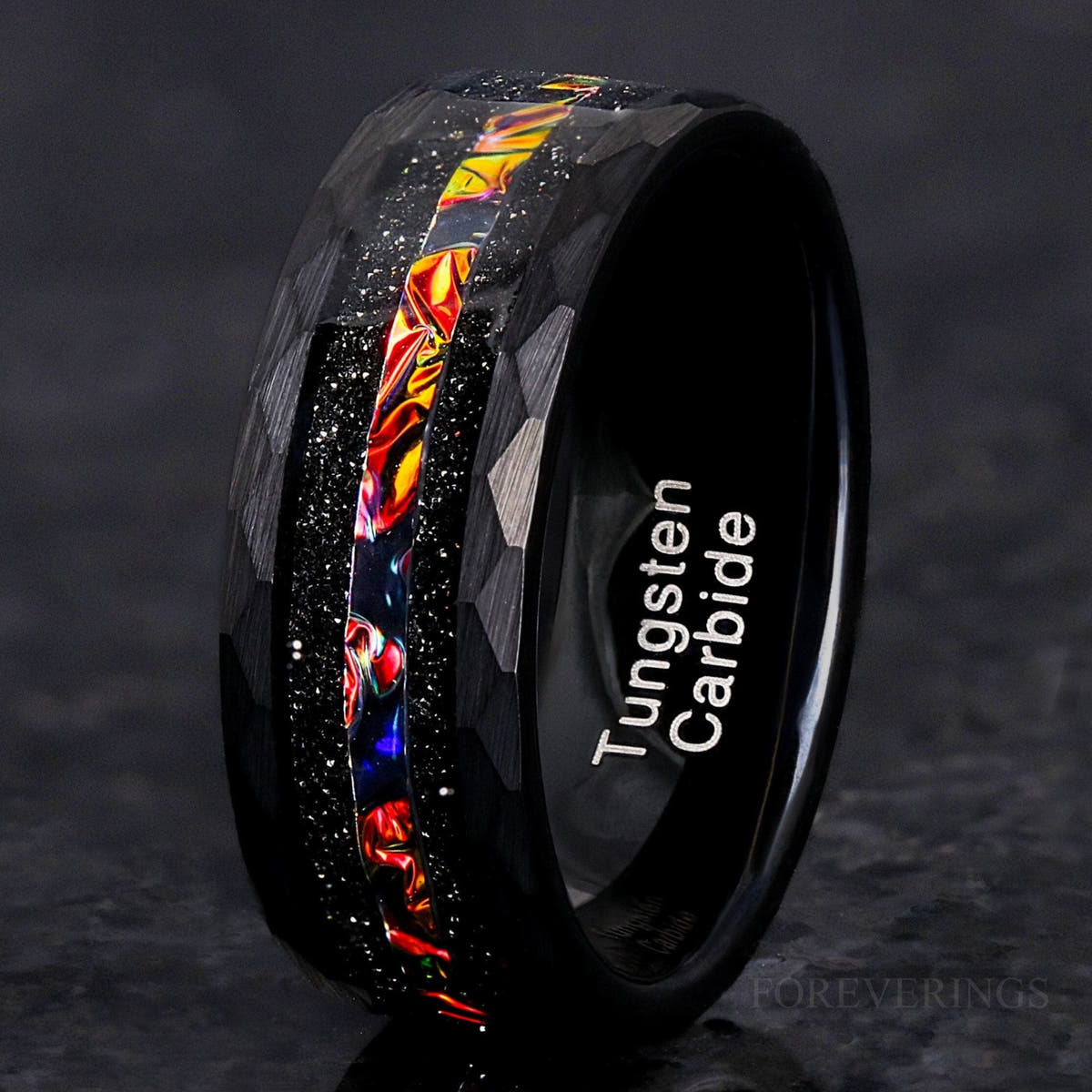 Men's 8mm hammered black tungsten ring with a red dichrolam inlay stripe
