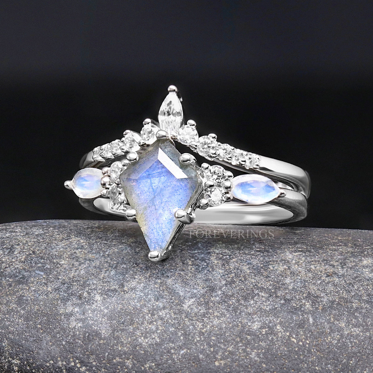 Women's sterling silver kite-cut labradorite engagement ring set, shown straight on