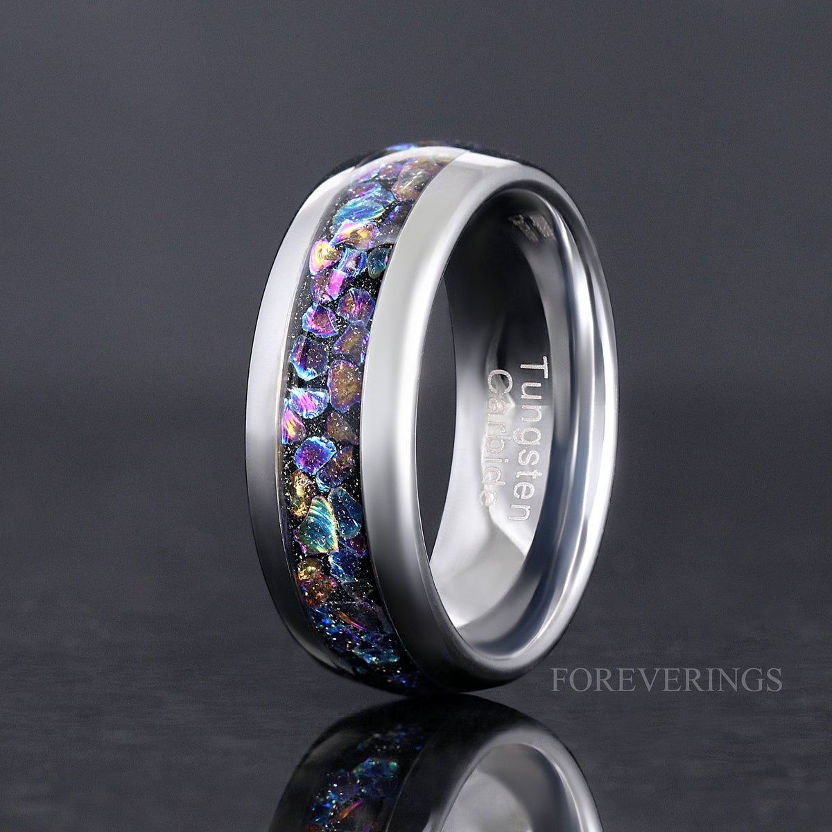 Men's 8mm silver tungsten ring with crushed moonstone inlay in Veil nebula colors, standing