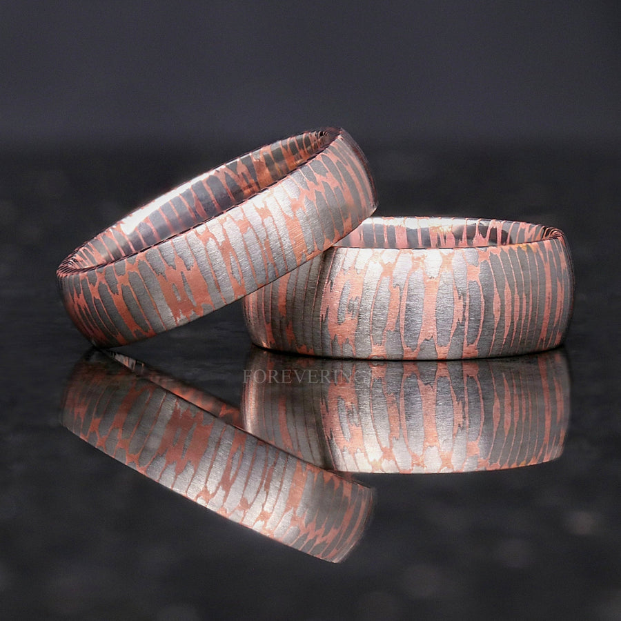 Ionix Superconductor Ring, Damascus Steel Band, Man Wedding Band, 8mm 6mm, Dome Brush, Two Tone, Silver and Rose Gold Men Band, Ring Engrave