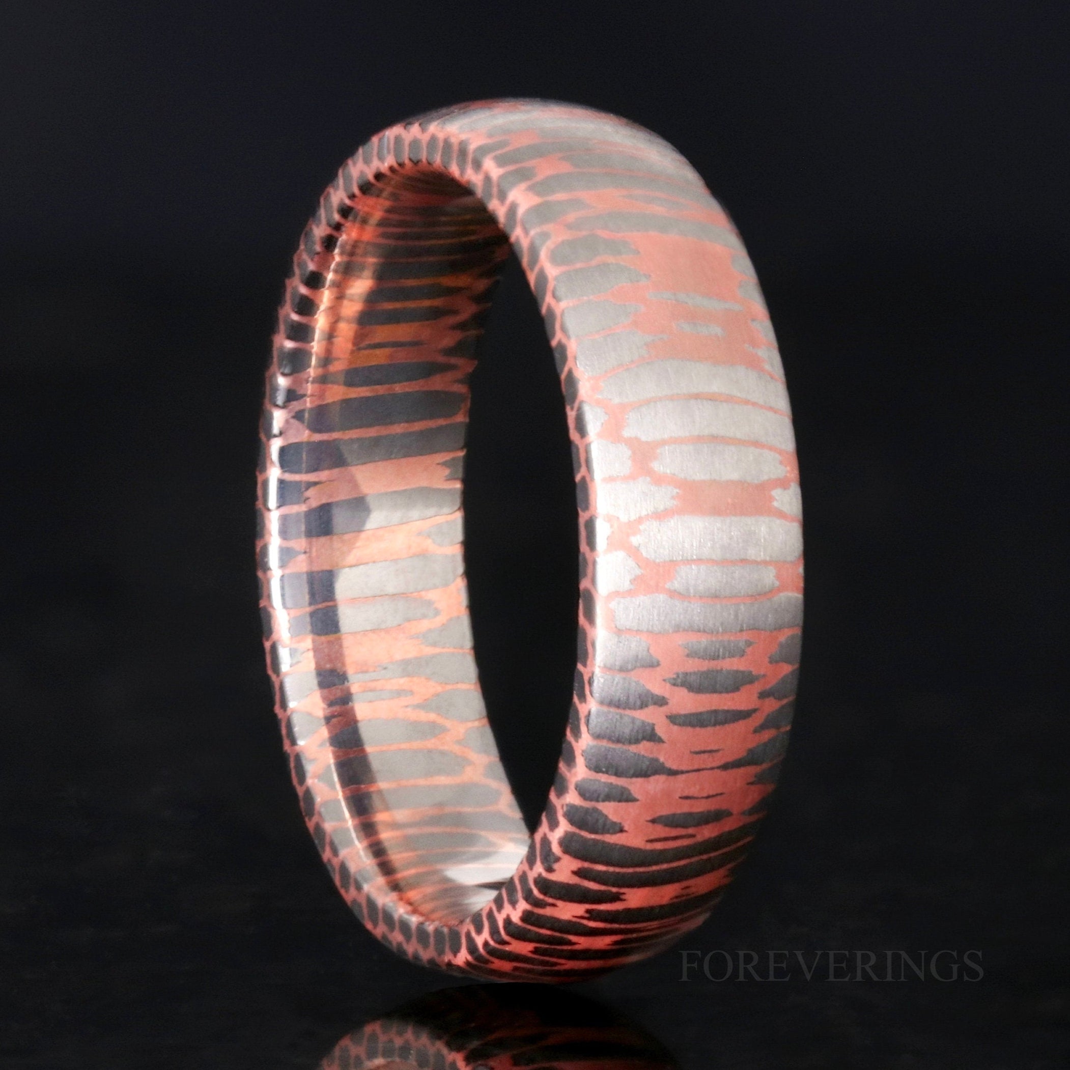 Ionix Superconductor Ring, Damascus Steel Band, Man Wedding Band, 8mm 6mm, Dome Brush, Two Tone, Silver and Rose Gold Men Band, Ring Engrave