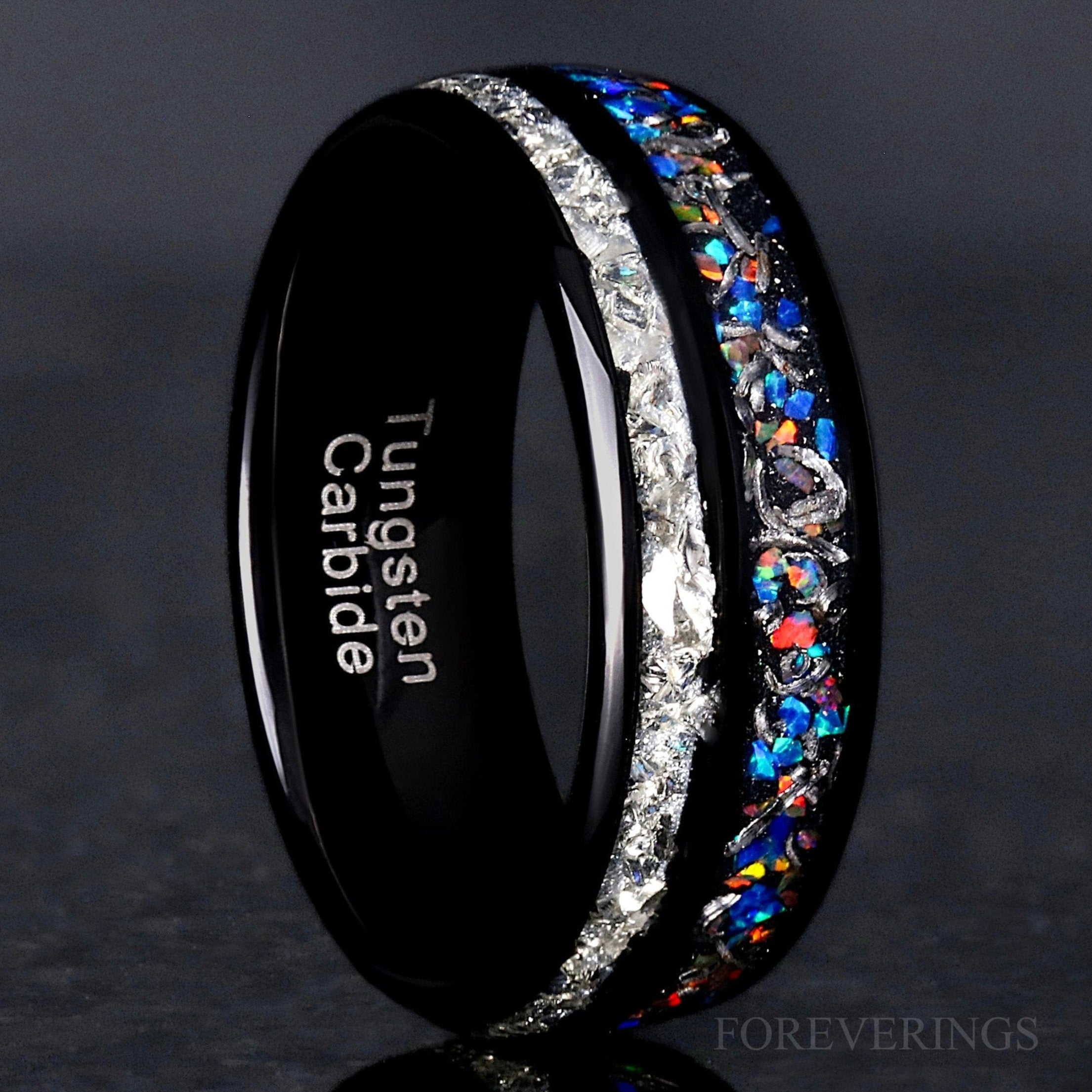 Unique Men Galaxy Opal Band, Genuine Meteorite, 8mm Black Tungsten Ring, Dome, Polish, Crushed Glass Stone, Ring Engraving, Man Wedding Band