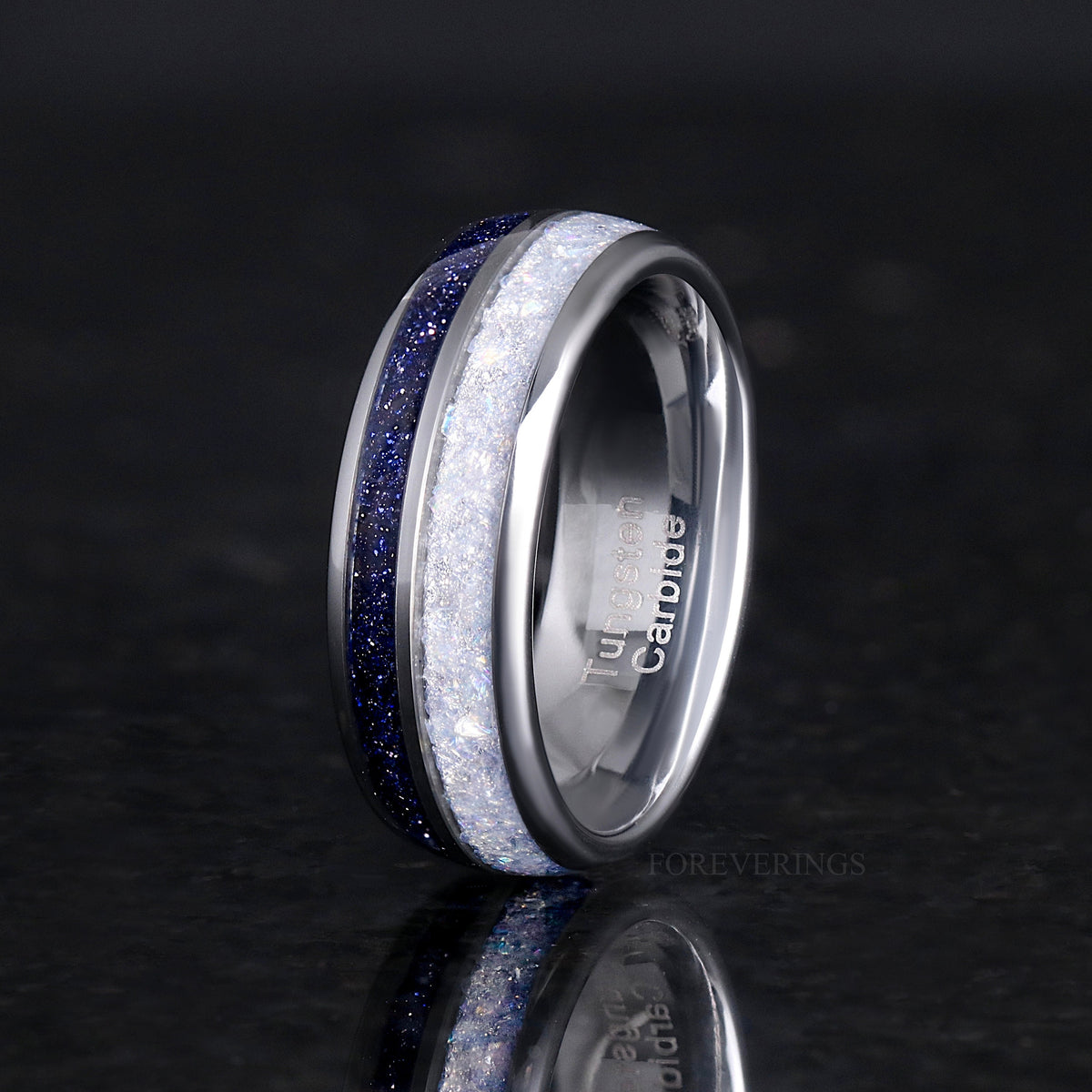 8mm silver tungsten moonstone and blue sandstone band, angled to show the inside