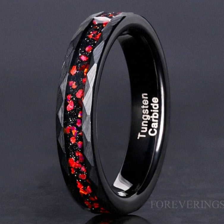 4mm Black and Red Fire Opal Band, Hammer Black Tungsten Wedding Band, Red Opal, Women Men Ring, Black Ring, Matte Brushed, Ring Engraving