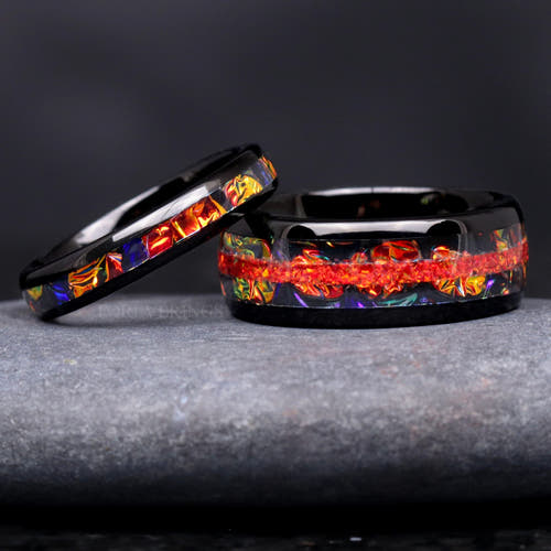 Matching black tungsten couples ring set with red fire opal and dichrolam inlay, 8mm and 4mm