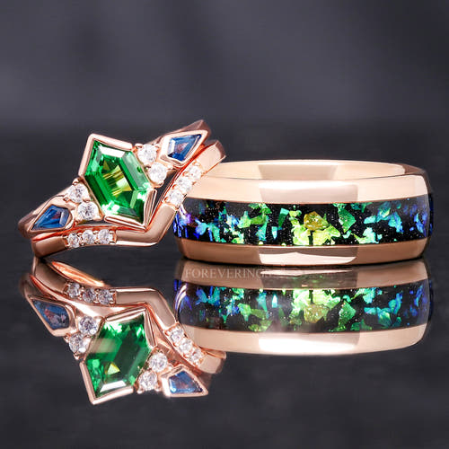 Matching rose gold couples ring set, tsavorite engagement ring and 8mm Rosette nebula tungsten band