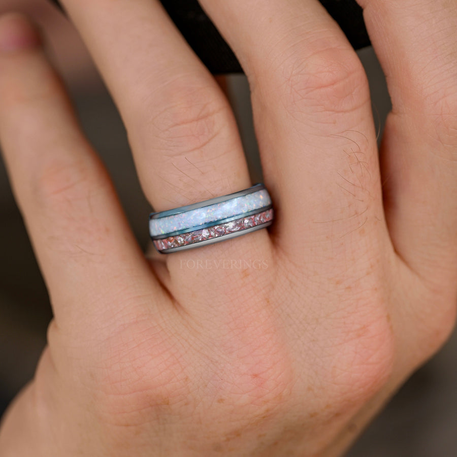 Mens Opal Wedding Band | White Fire Opal Morganite Tungsten