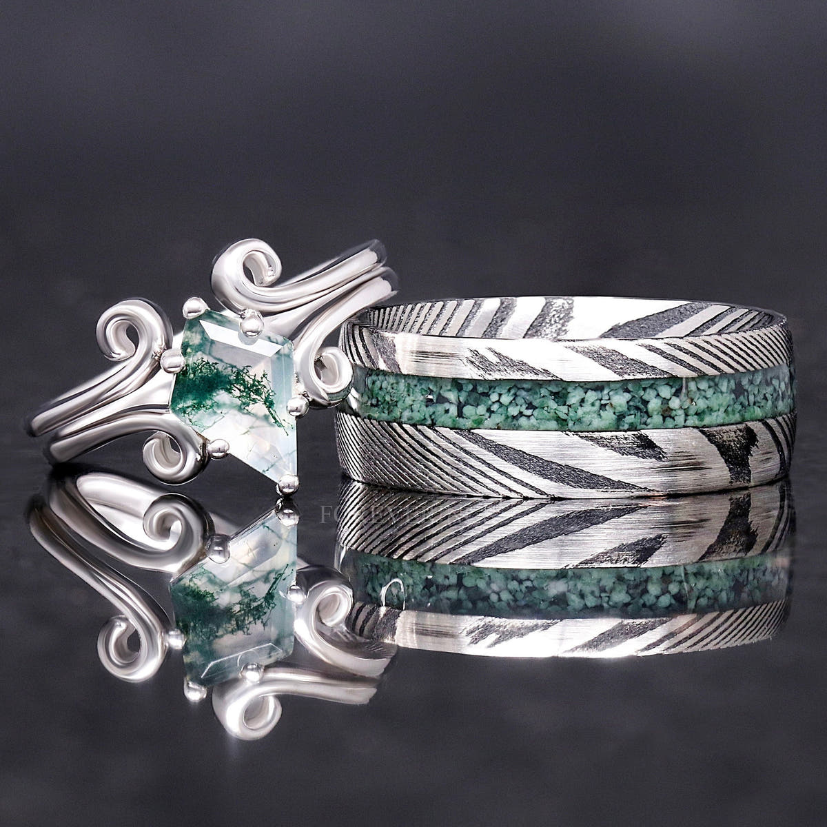 Matching couples ring set: sterling silver moss agate engagement ring and 8mm Damascus steel band