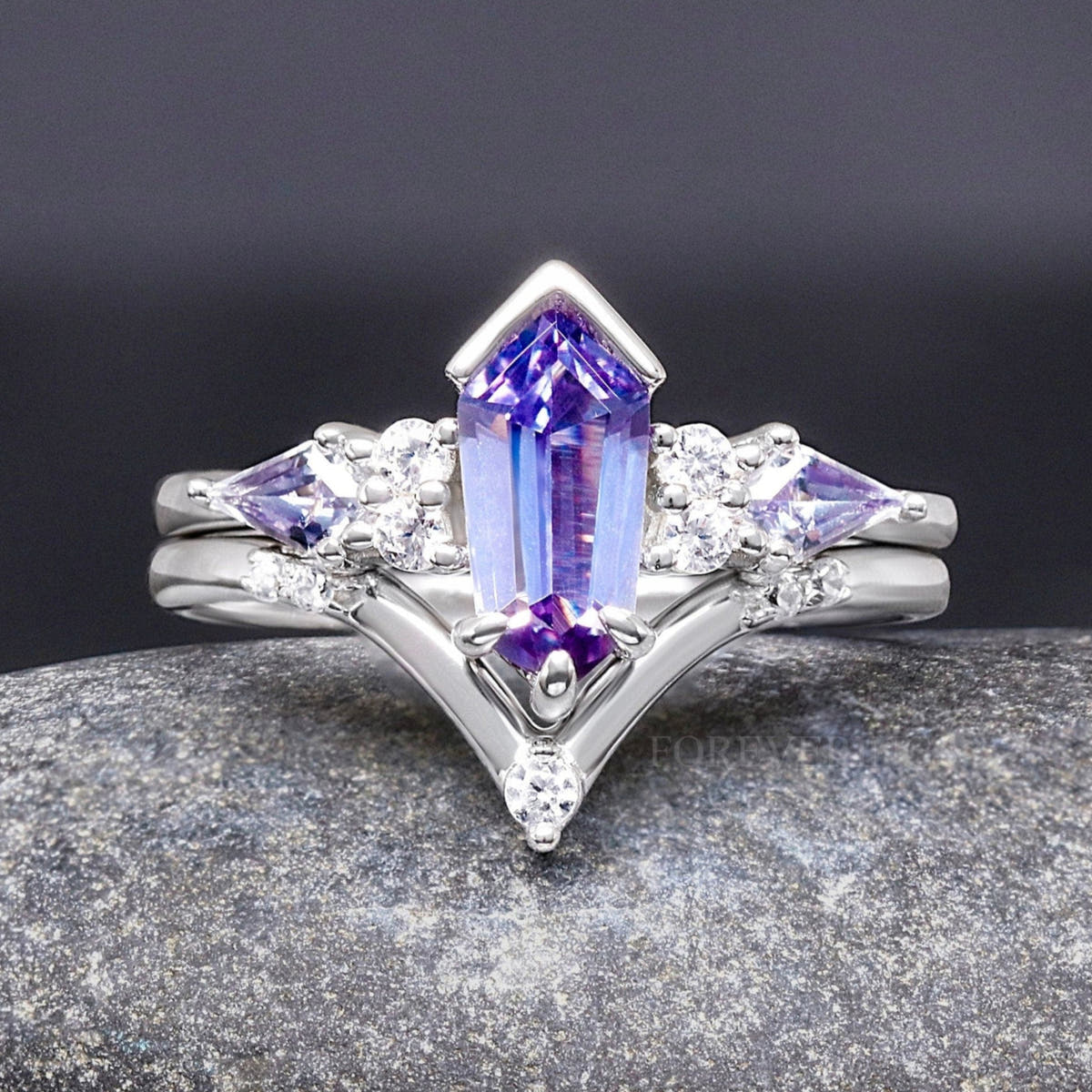 Women's sterling silver coffin kite alexandrite engagement ring set, shown straight on