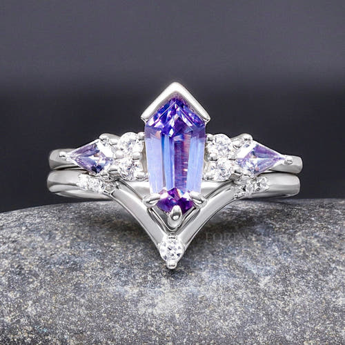 Women's sterling silver coffin kite alexandrite engagement ring set, shown straight on