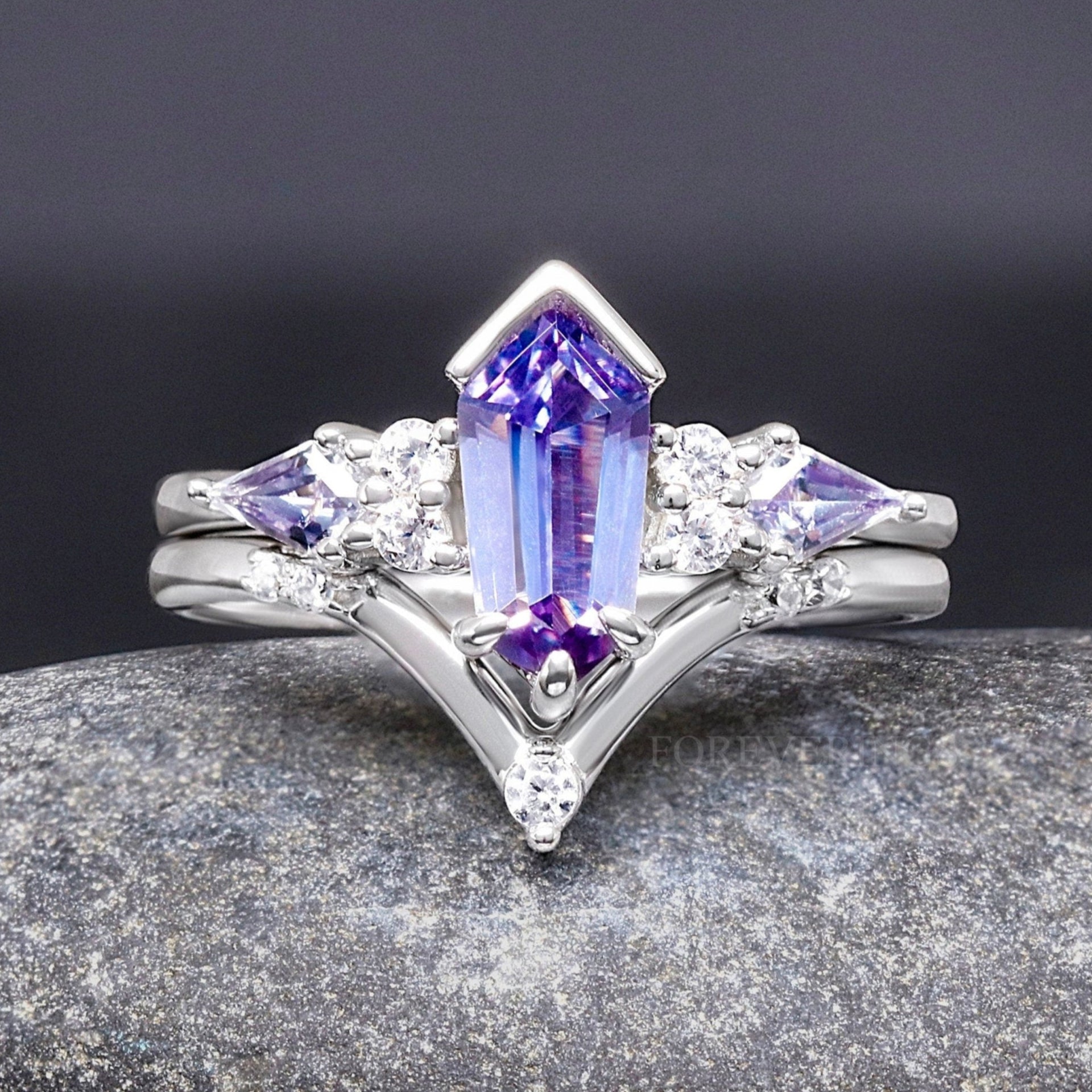 Alexandrite Engagement Ring Set, Woman Crab Nebula Ring, Kite Coffin Cut, 925 Sterling Silver, Outer Space Alternative Wedding Ring, Engrave