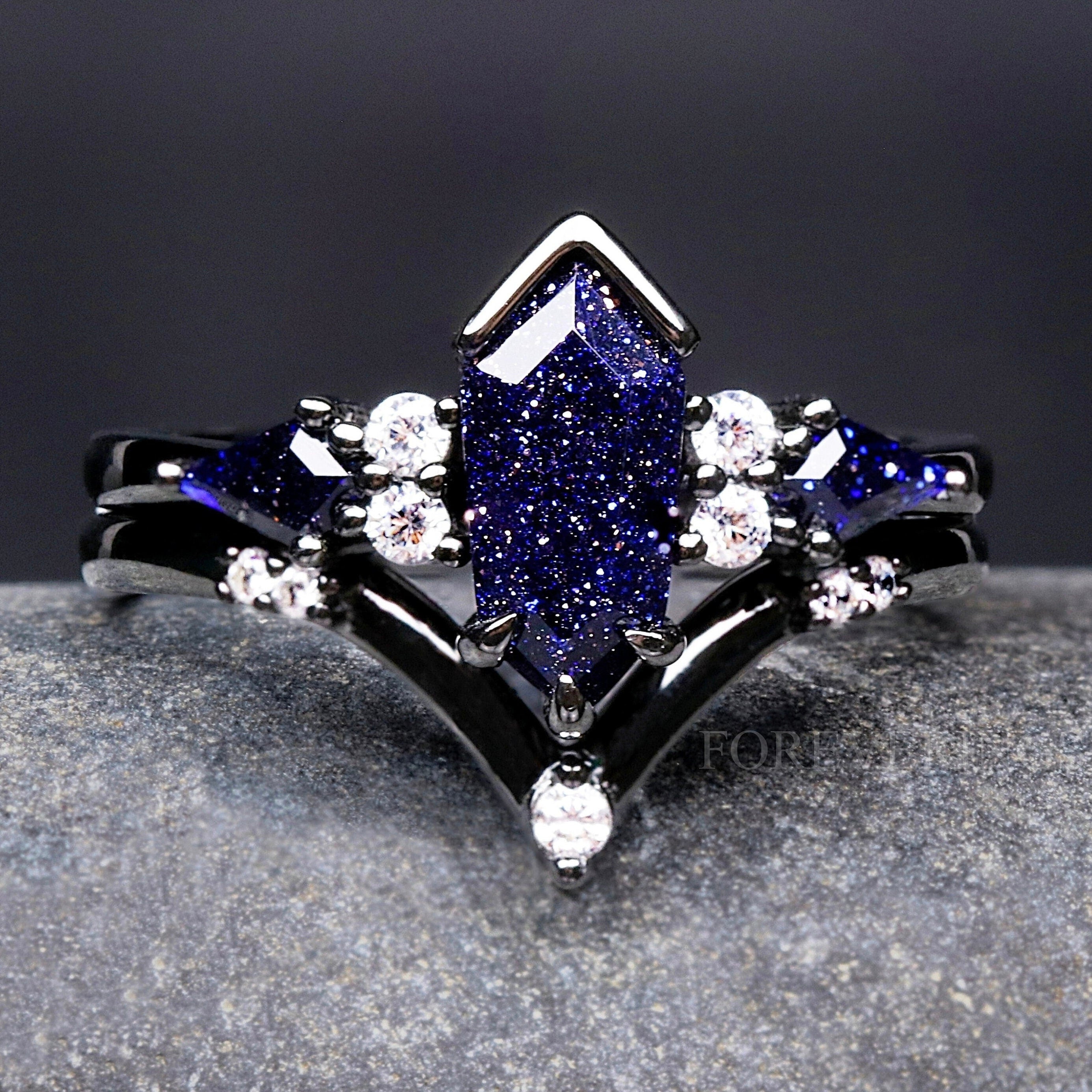 Starry Night Ring Coffin Kite Cut Sandstone, Black Rhodium Engagement Ring Set, Black Ring, 925 Sterling Silver, Blue Sandstone
