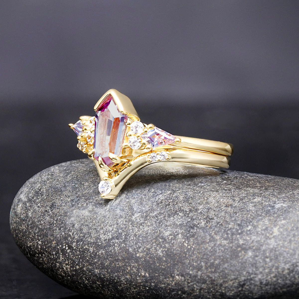 Kite-cut alexandrite bridal set in gold sterling silver, angled side view