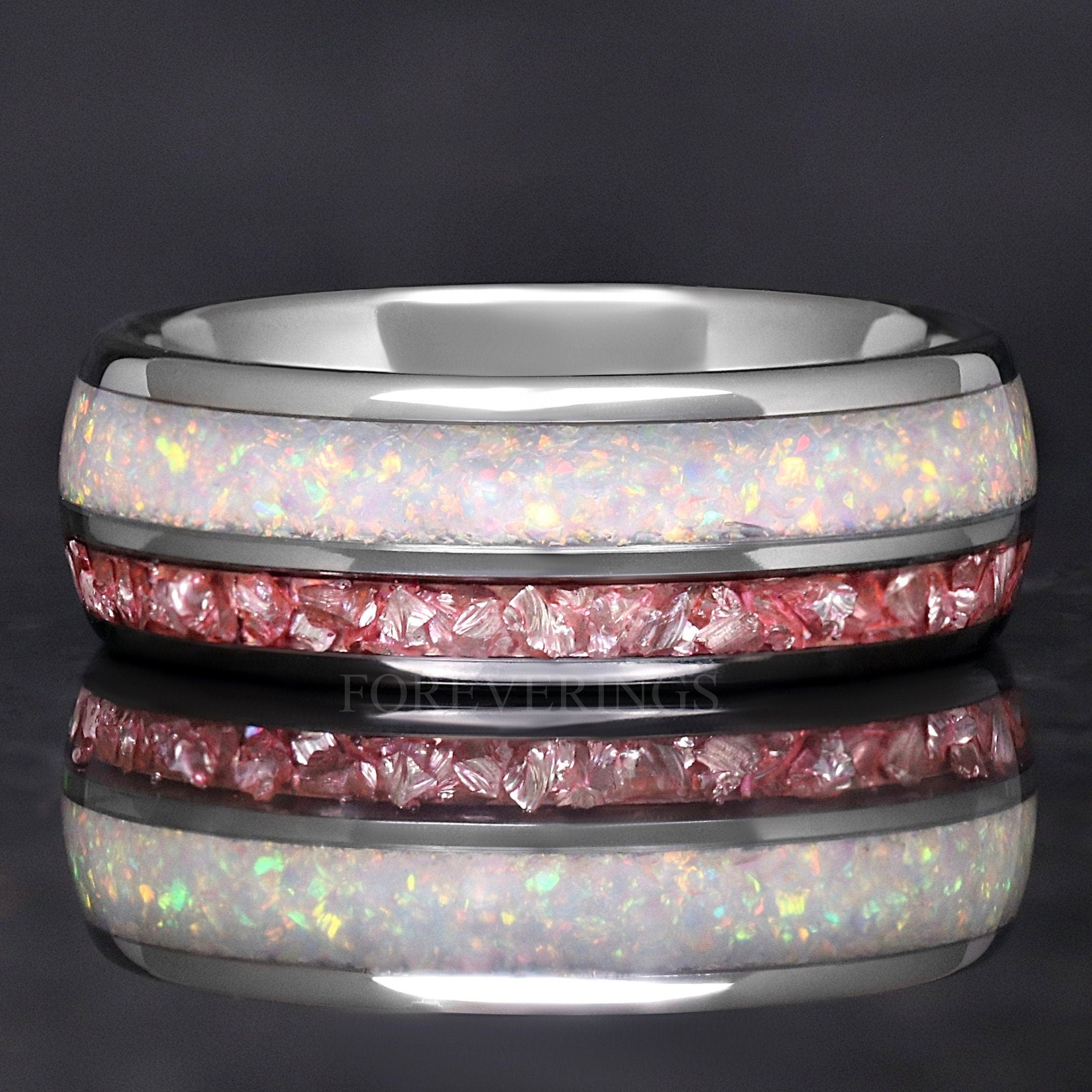 Opal Ring Men, Morganite Wedding Band, Personalized Gift, White Fire Opal, Mens Morganite Ring, Silver Tungsten Band, Unique Promise Ring