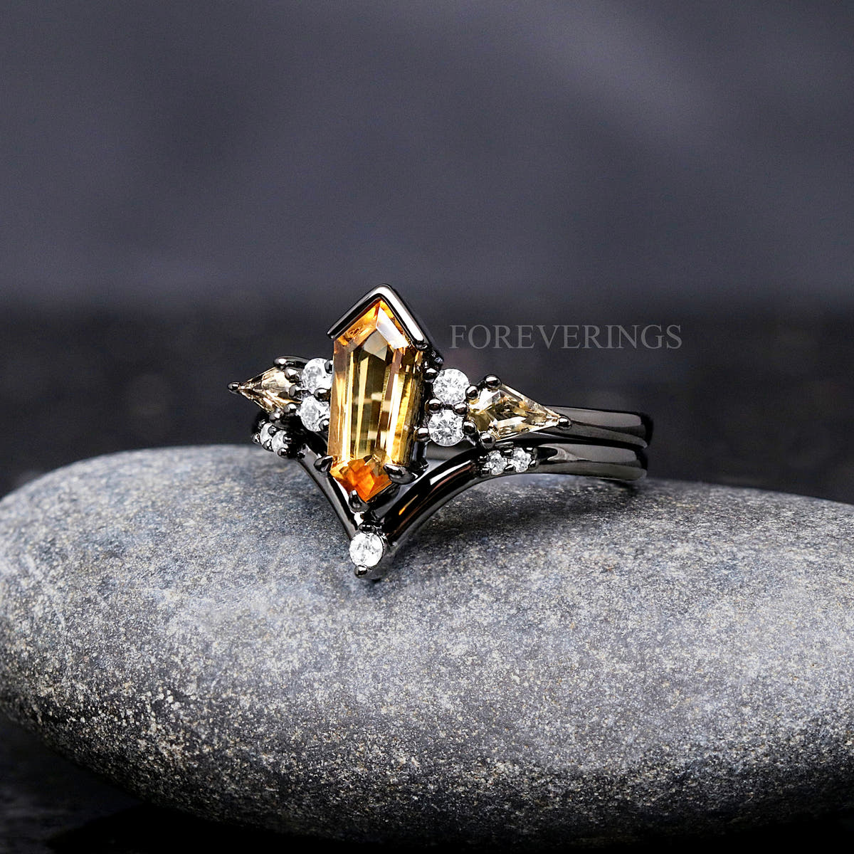 Hexagon citrine bridal set in black sterling silver, angled side view