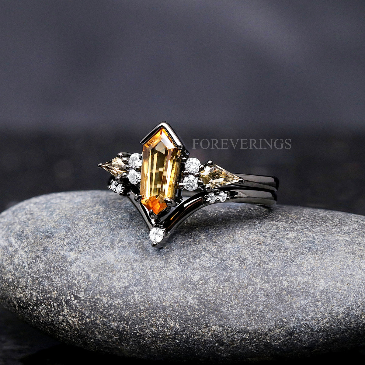 Hexagon citrine bridal set in black sterling silver, angled side view
