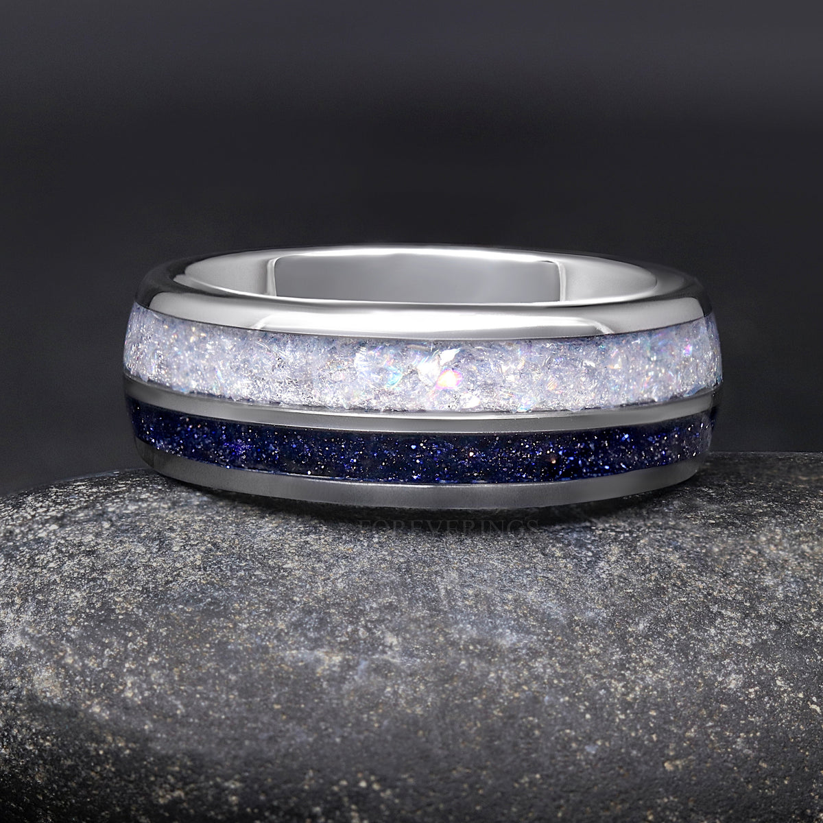 Men's 8mm silver tungsten ring with crushed moonstone and blue sandstone inlay stripes