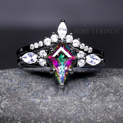 Women's black sterling silver kite mystic topaz engagement ring set, shown straight on