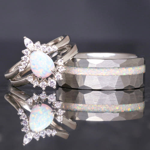 Matching silver couples ring set with white fire opal, pear-cut bridal rings and 8mm hammered band