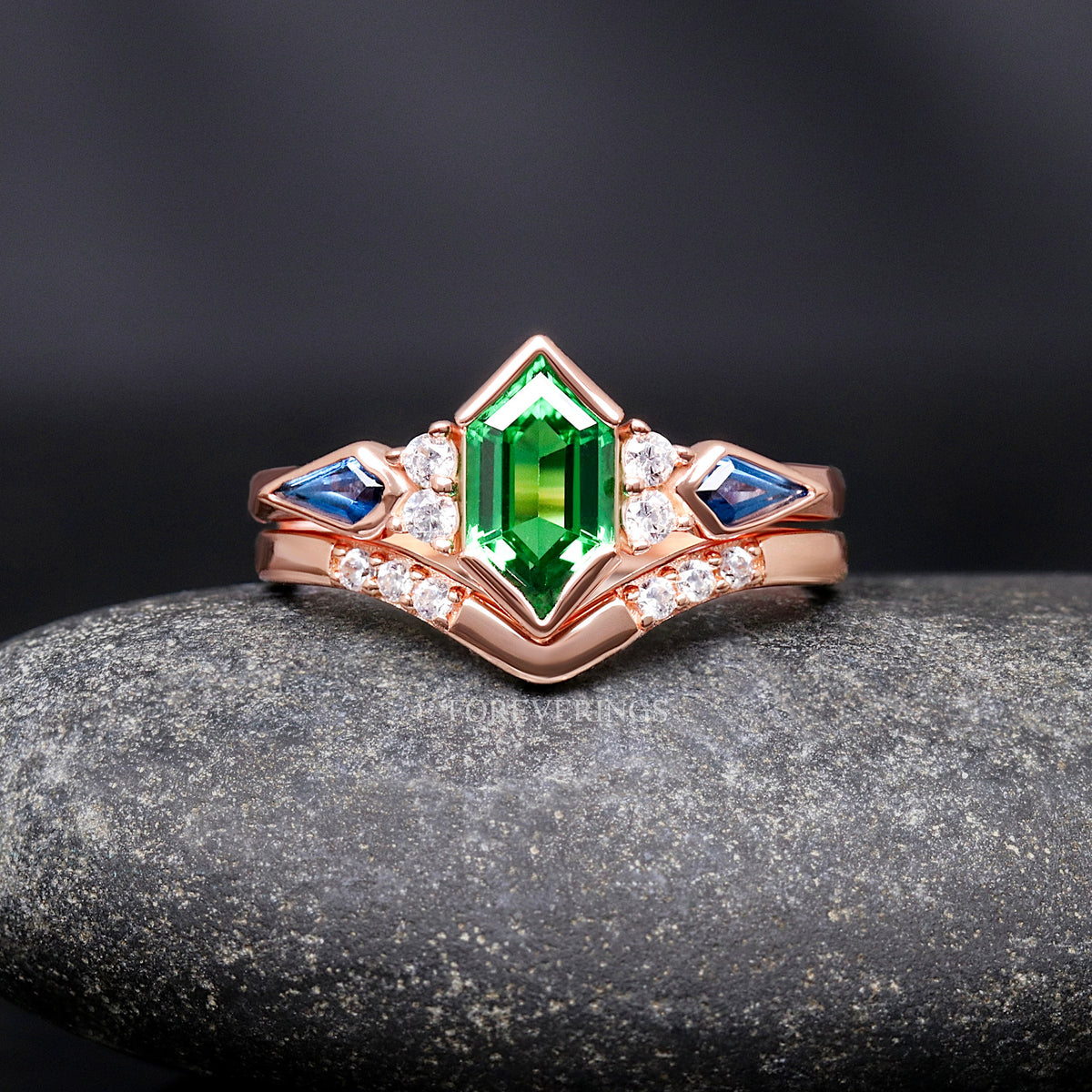 Hexagon-cut tsavorite engagement ring and curved band in rose gold sterling silver, front view
