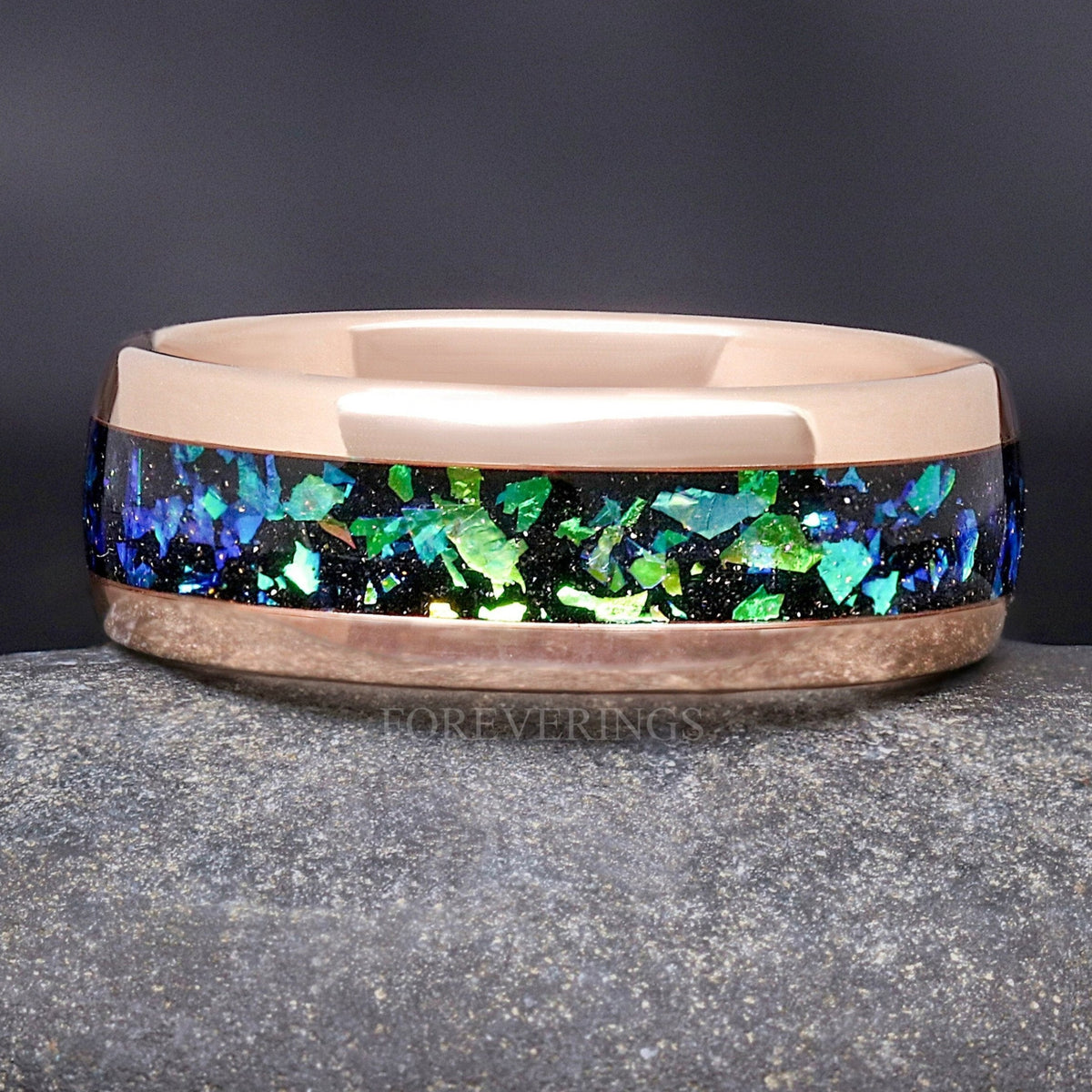 Men's 8mm rose gold tungsten wedding band with Rosette nebula inlay, shown straight on