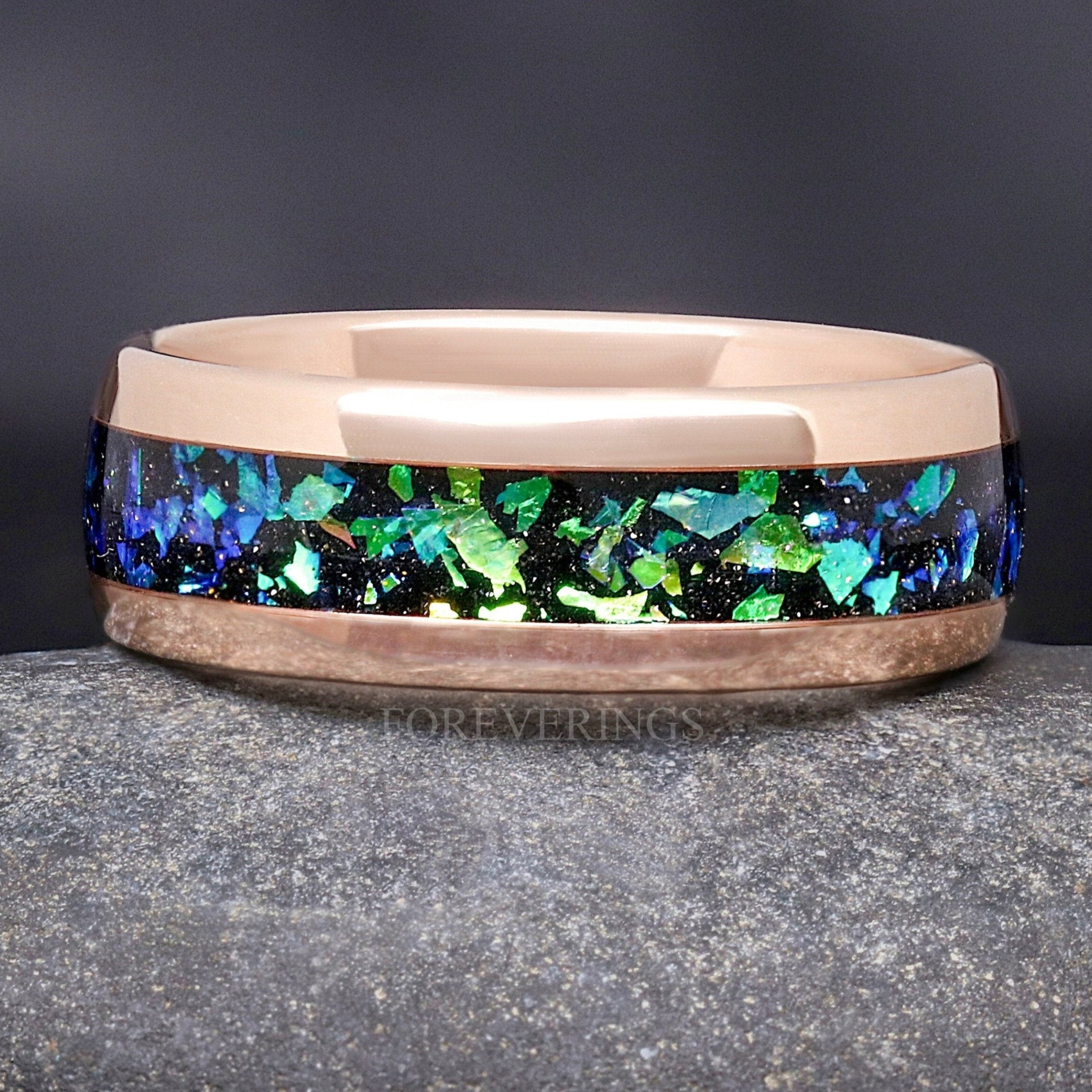 Rosette Nebula Man Rose Gold Wedding Band, Tungsten Band, Green Space Ring, Man Promise Ring, Dome, Polish, Ring Engraving, 8mm Nebula Ring