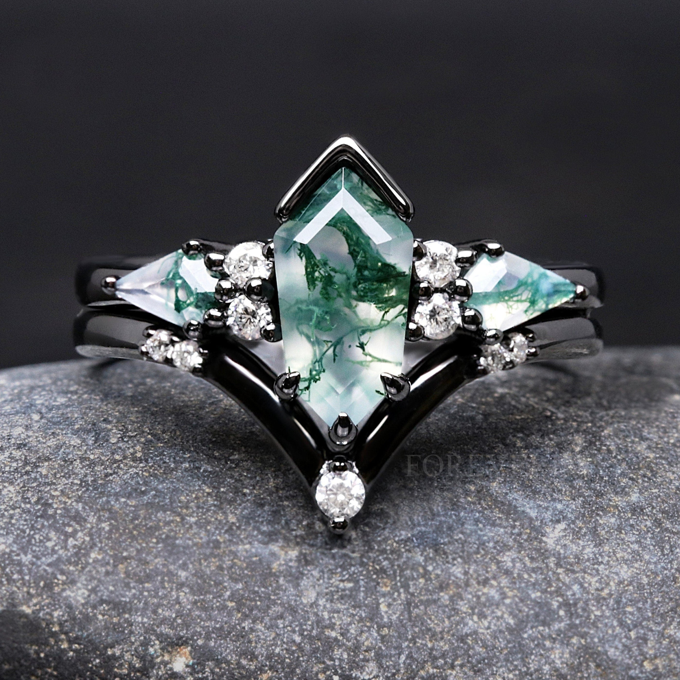 Green Moss Agate Engagement Ring Set Coffin Kite Cut, Black Gold Filled Ring, 925 Sterling Silver, Nature Ring, Black Rhodium Finish