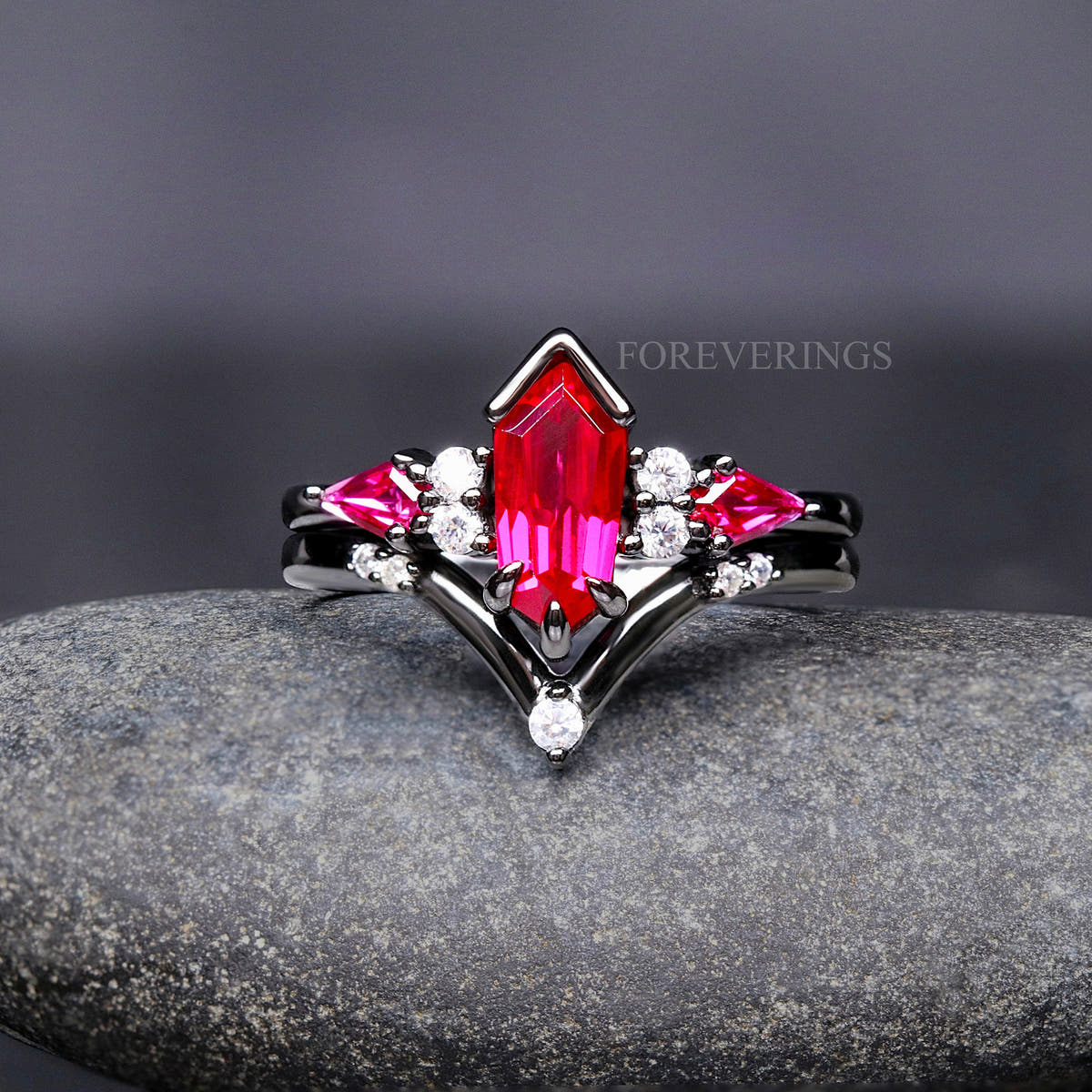 Black sterling silver ruby bridal set shown straight on in a wider view