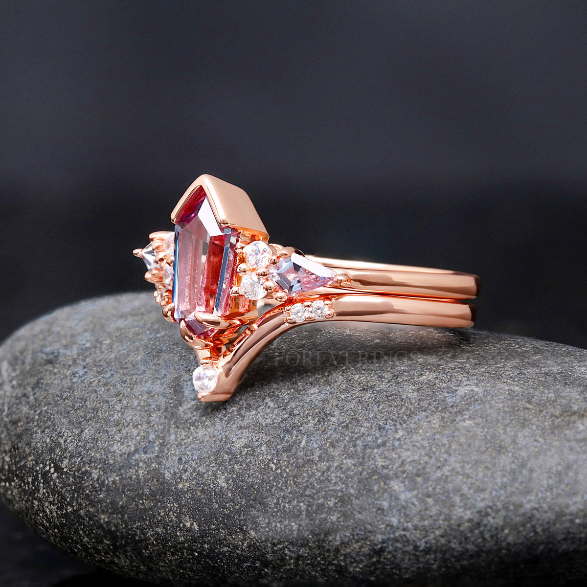 Rose gold sterling silver alexandrite ring and V-shaped band, angled side view