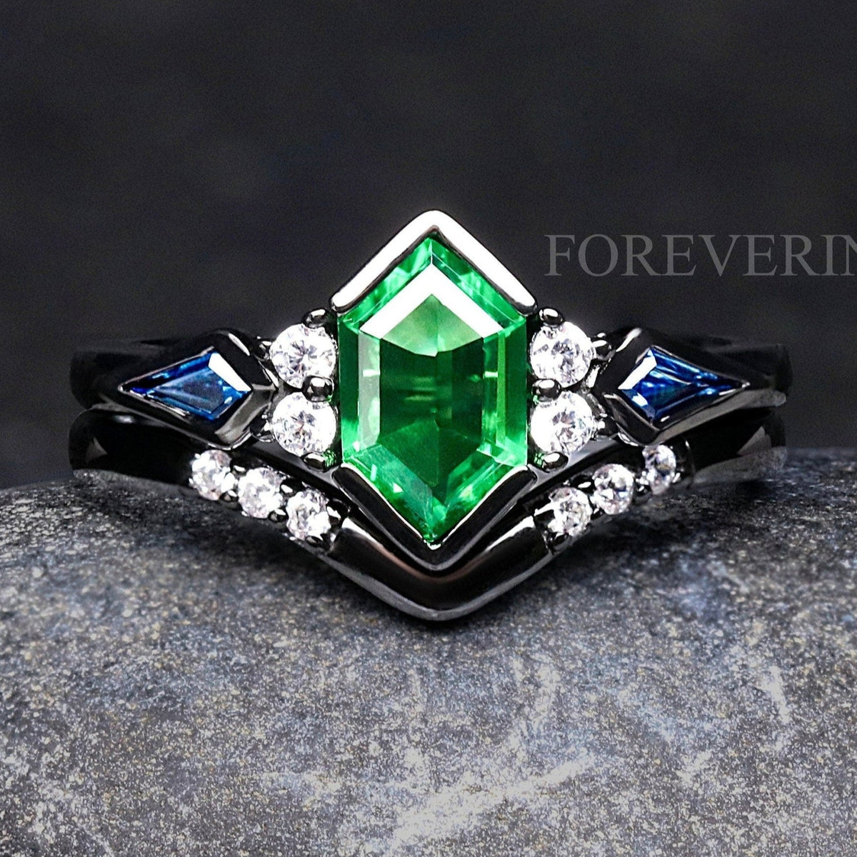 Women's black sterling silver elongated hexagon tsavorite engagement ring set, straight on