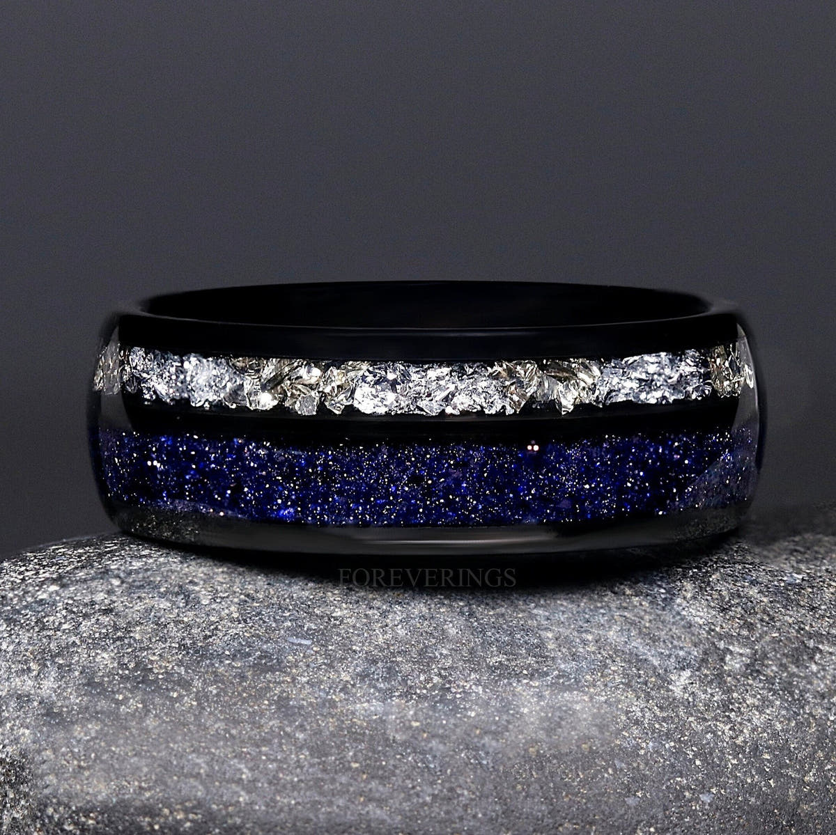 Men's 8mm black tungsten Great Rift band with blue sandstone and crushed diamond inlay, shown straight on
