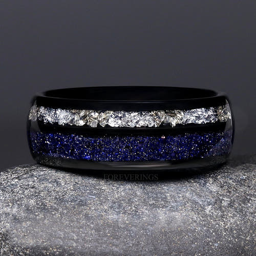 Men's 8mm black tungsten Great Rift band with blue sandstone and crushed diamond inlay, shown straight on