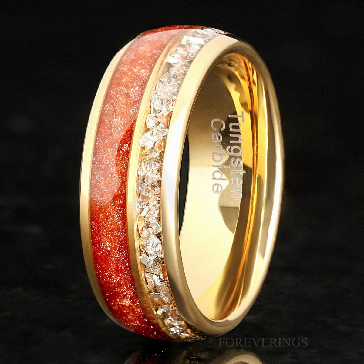 Men's 8mm gold tungsten Carina nebula band with red sandstone and crushed diamond inlay