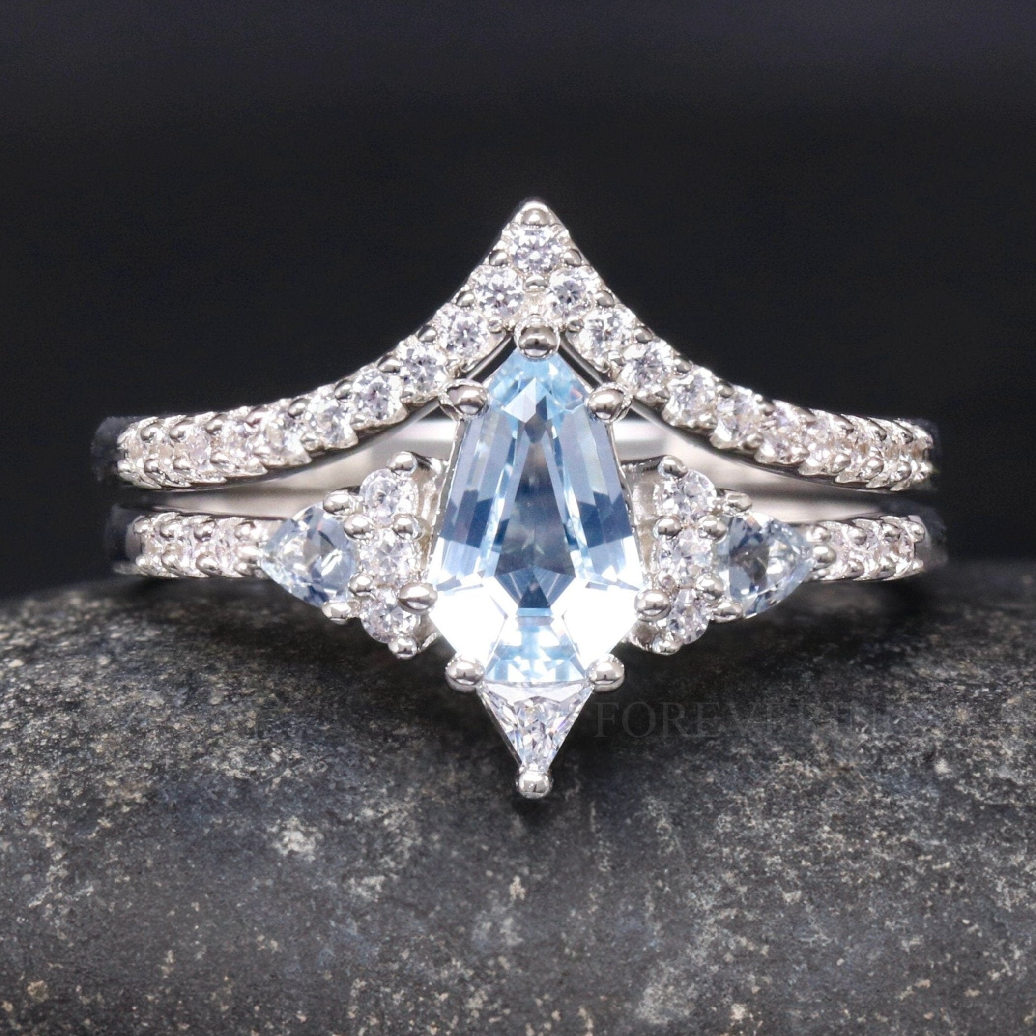 Lumiere Aquamarine Wedding Ring, Woman Engagement Ring Set, Shield Cut, 925 Sterling Silver Ring, Unique Promise Ring for Her, Ring Engrave