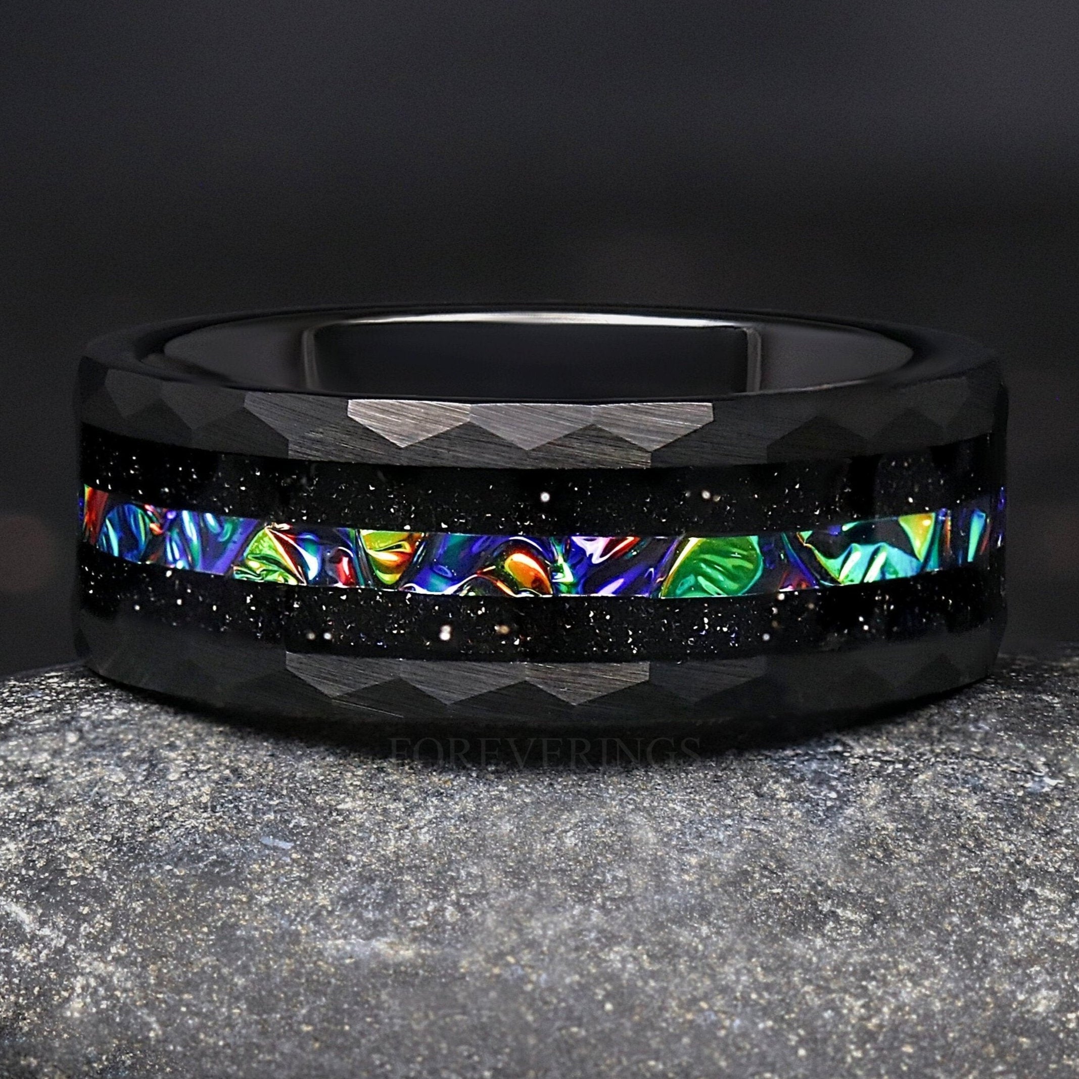 Rhaegal Mens Green Nebula Ring, Hammered Wedding Band, Dichrolam, Black Tungsten Ring, Unique Space Ring, Promise Ring for Him, Engraving