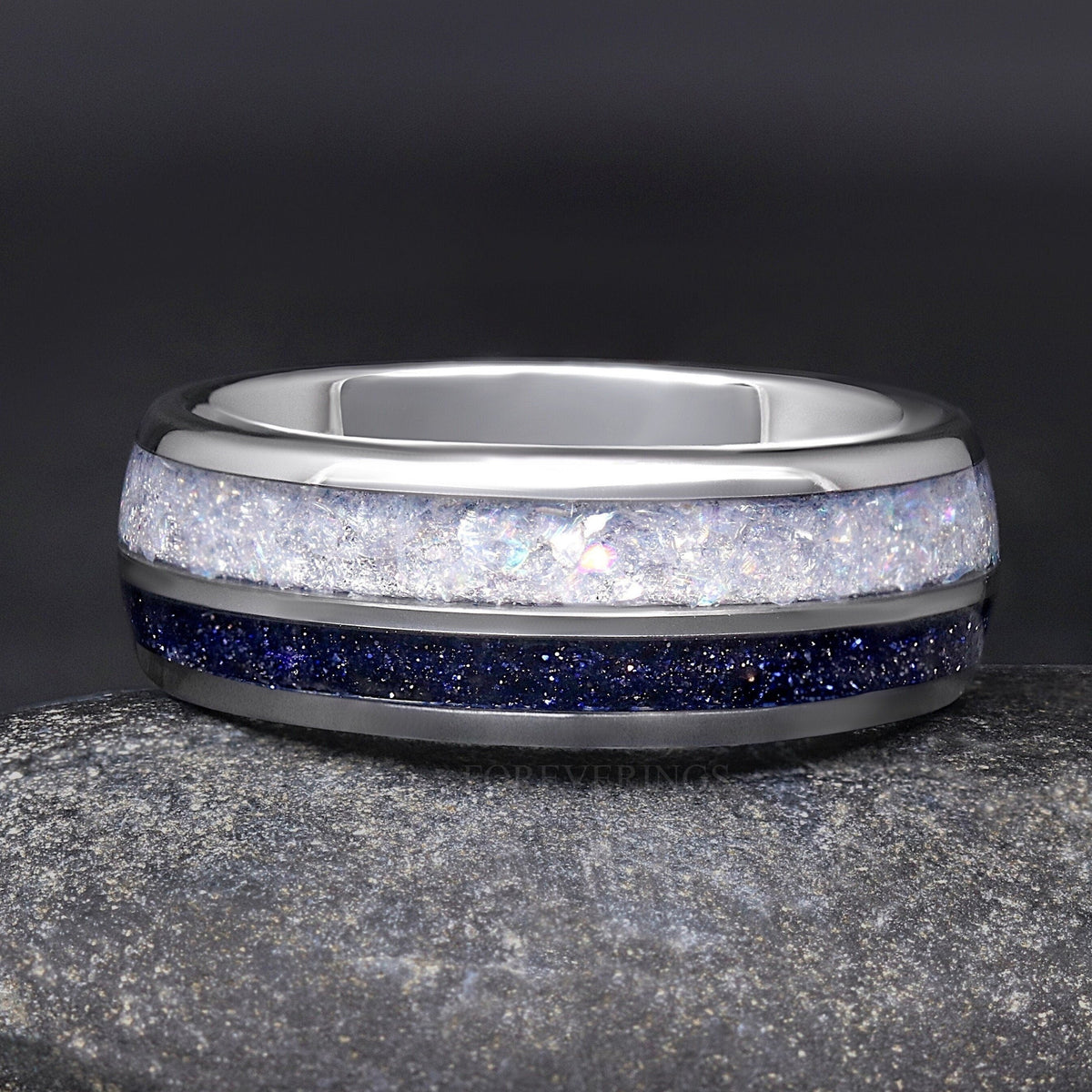 Men's 8mm silver tungsten band with moonstone and blue sandstone inlay