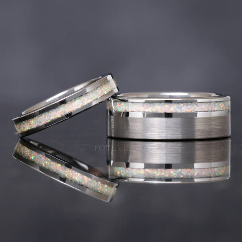 Matching silver tungsten couples ring set with white fire opal inlay, 8mm and 4mm