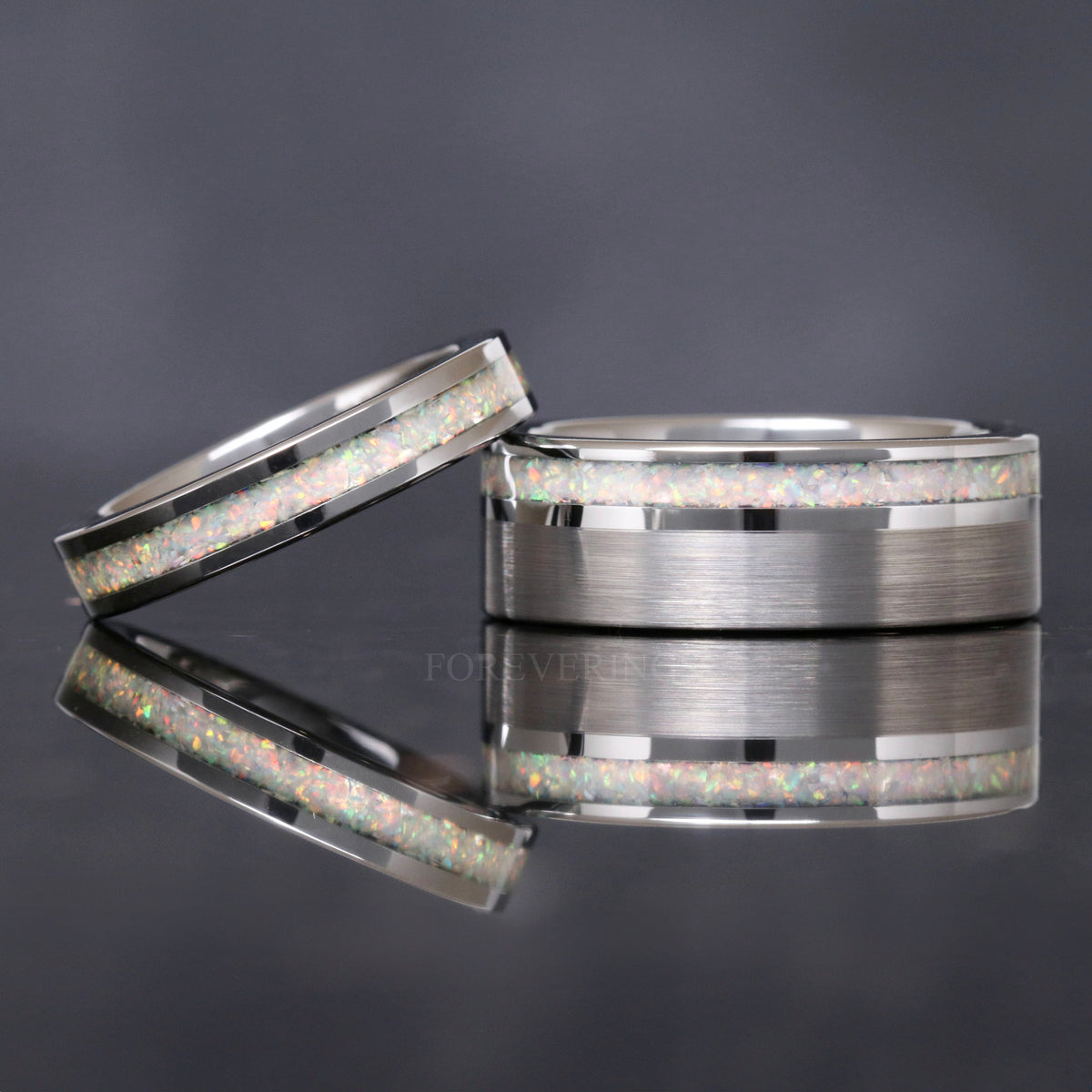 Matching silver tungsten couples ring set with white fire opal inlay, 8mm and 4mm