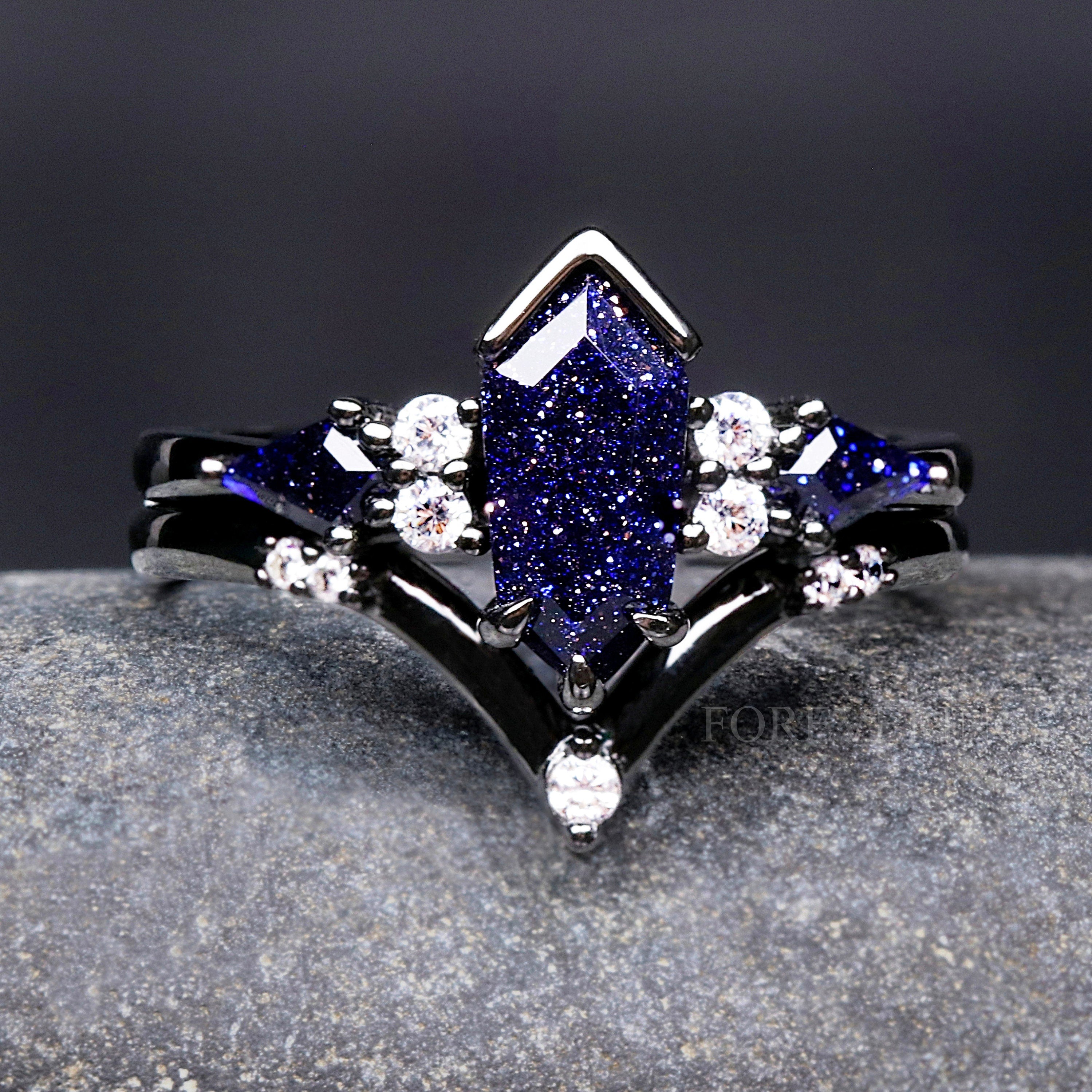 Starry Night Ring Coffin Kite Cut Sandstone, Black Rhodium Engagement Ring Set, Black Ring, 925 Sterling Silver, Blue Sandstone