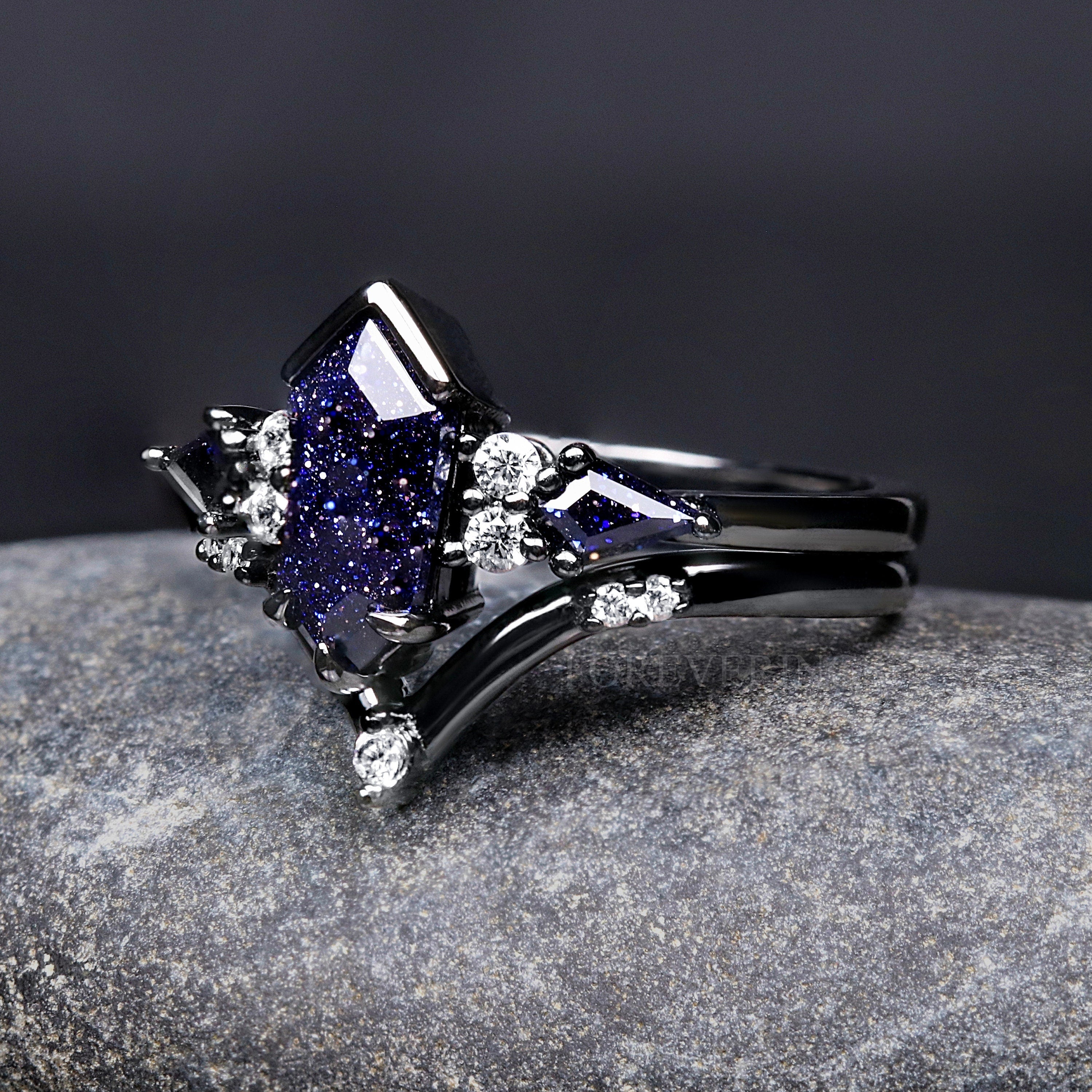 Starry Night Ring Coffin Kite Cut Sandstone, Black Rhodium Engagement Ring Set, Black Ring, 925 Sterling Silver, Blue Sandstone